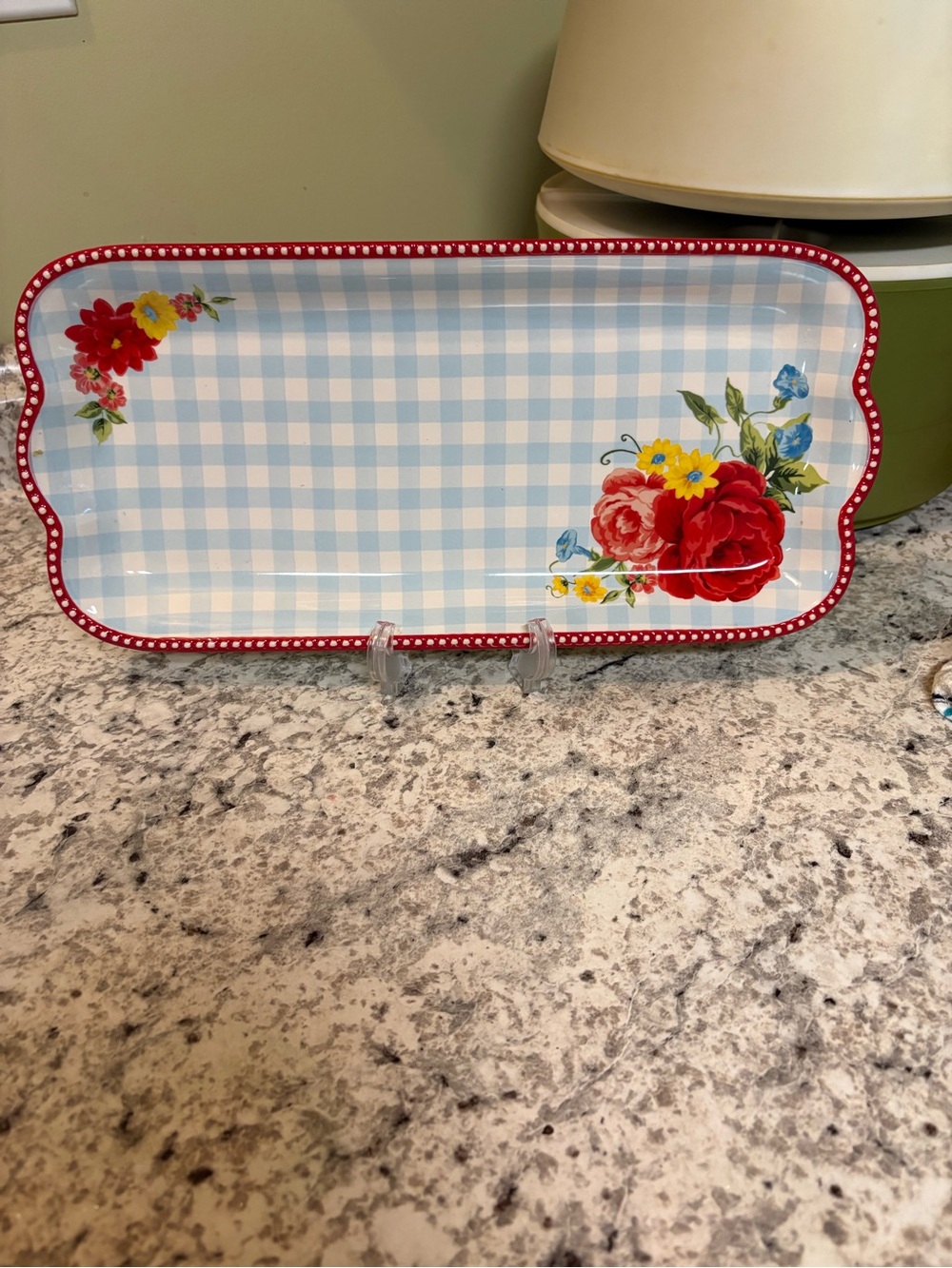 The Pioneer Woman Blue Gingham Tray with Red Floral Border